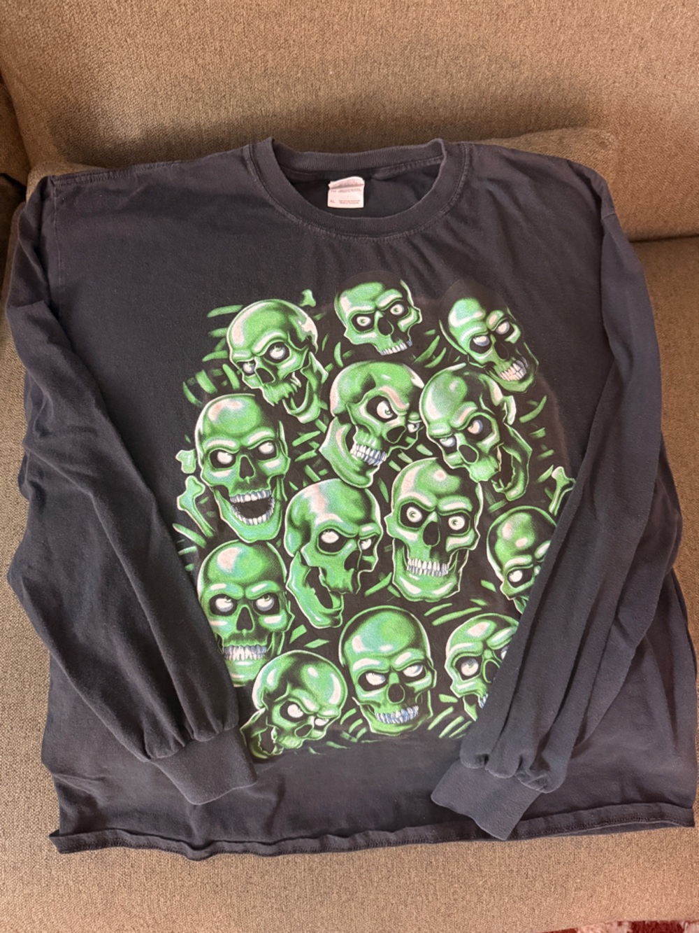 Liquid Blue Black Long Sleeve Tee with Green Skulls